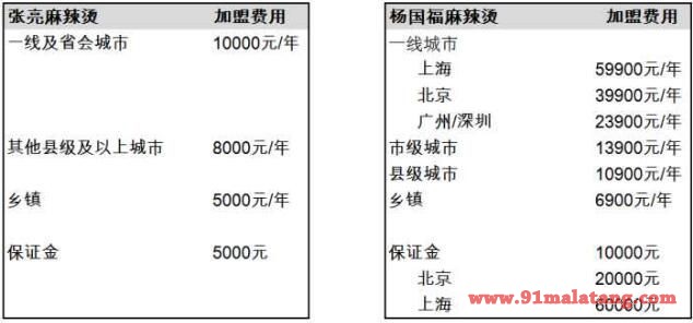 张亮及杨国福麻辣烫加盟费用对比